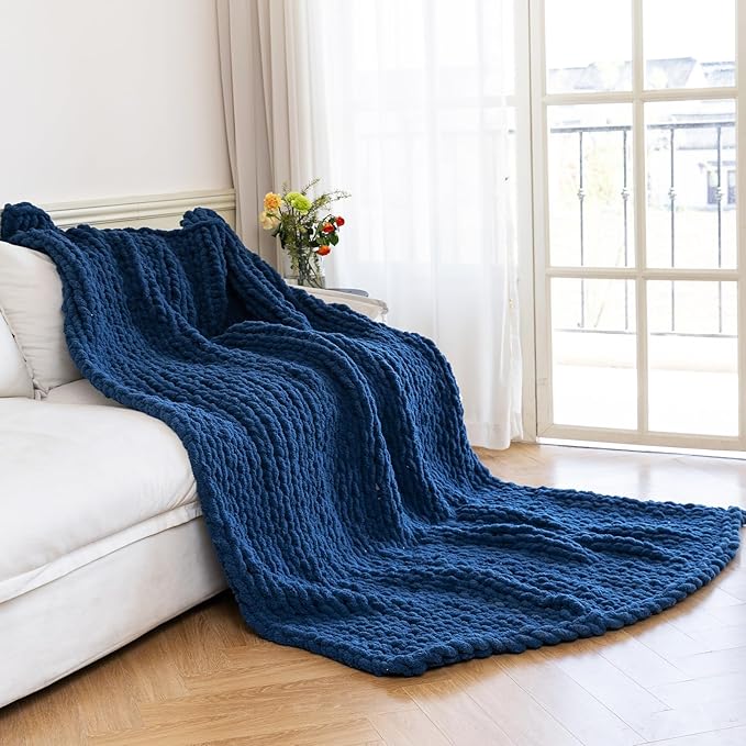 Chunky Knit Blanket - Luxury Soft Cozy King Size(60 * 80) Throw Blanket,100% Woven Blanket Rope Knot Throw Blanket for Couch, Sofa, Home Decor, Gift - Machine Washable(Deep Blue)