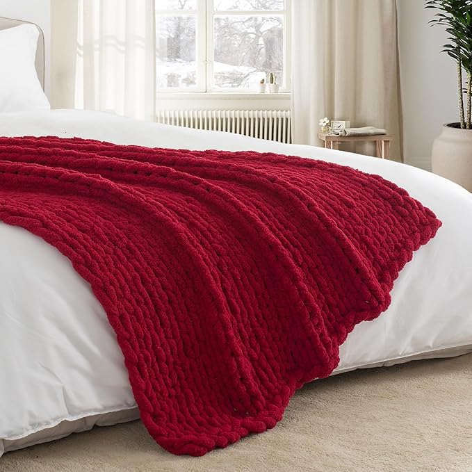 Chunky Knit Throw Blanket 60"X 80", 100% Handmade with Soft Chenille Yarn, 4.4lbs Thick Cable Knitted Blankets, Large Rope Knot Crochet Throws for Couch Sofa Bed Home Decor, Red