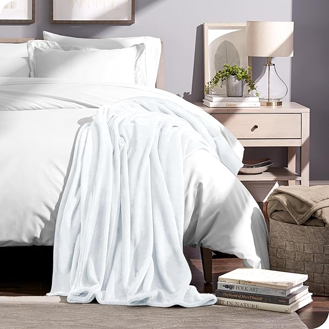 Bare Home Fleece Microplush Blanket - Lightweight Throw for Bed, Sofa, Couch, Movie Night, Camping, Gifts, and Travel - Cabin Blanket (Throw/Travel, White)