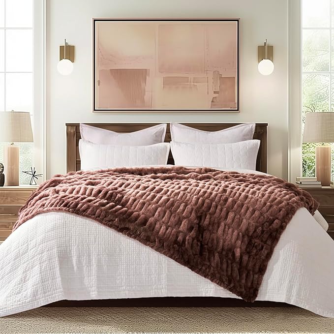 EVERGRACE Luxurious Soft Faux Rabbit Fur Throw Blanket, Cozy Fuzzy Plush Warm Throws for Couch Bed Sofa Chair Home Decor, Ruched Bubble Fluffy Blanket with Reversible Velvet, 60" x 80", Mocha Brown