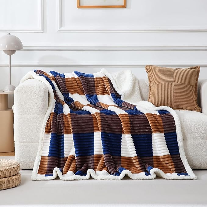 PU MEI Sherpa Blanket Twin Plaid Thick Bed Blanket, 80”*90” Super Soft Flannel Fuzzy Fleece Reversible Velvet Plush Warm Blanket for Couch (Khaki Blue Check)