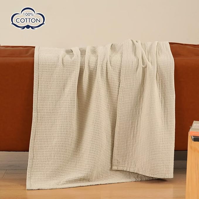 PHF 100% Cotton Waffle Muslin Blanket Twin Size, 66" x 90" Lightweight and Breathable Washed Cotton Blanket, Aesthetic Soft Muslin Waffle Bedding for Sofa Bed Home Decor, Oak