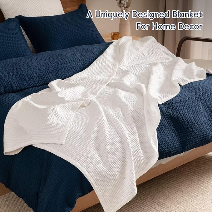 PHF 100% Cotton Waffle Muslin Throw Blanket Large 50" x 70", Lightweight and Breathable Washed Cotton Blanket, Aesthetic Soft Muslin Waffle Bedding for Sofa Bed Home Decor, White