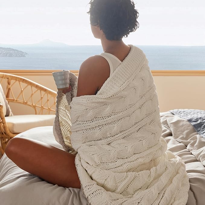 Bedsure Cable Knit Throw Blanket for Couch Bed - Chenille Chunky Knit Throw Blanket for Summer and All Seasons, Soft Cozy and Warm, Cream, 50x60 Inches