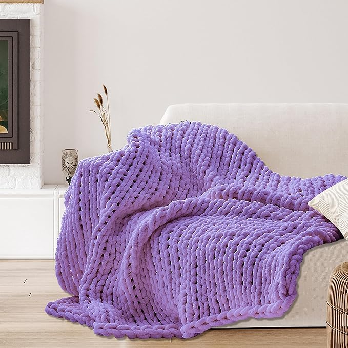 Light Purple Throw Blanket, 40" x 50" Chunky Knit Blanket, Handmade Warm & Soft Chenille Throw Blanket, Washable Decorative Knit Blanket with Jumbo Chenille Yarn for Couch Bed Sofa
