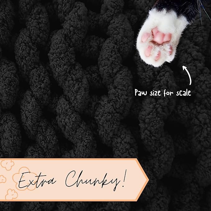 Adyrescia Chunky Knit Blanket Throw | 100% Hand Knit with Jumbo Chenille Yarn (50"x60", Raven Black)