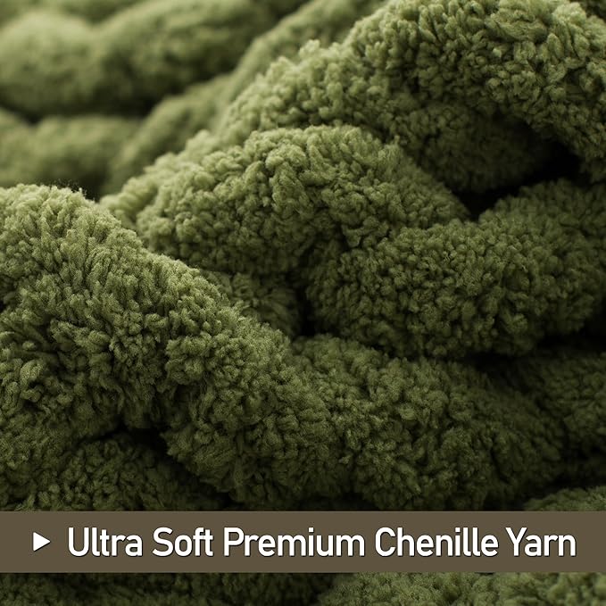 Chunky Knit Throw Blanket 50"X 60", 100% Handmade with Soft Chenille Yarn, 4.4lbs Thick Cable Knitted Blankets, Large Rope Knot Crochet Throws for Couch Sofa Bed Home Decor, Olive Green