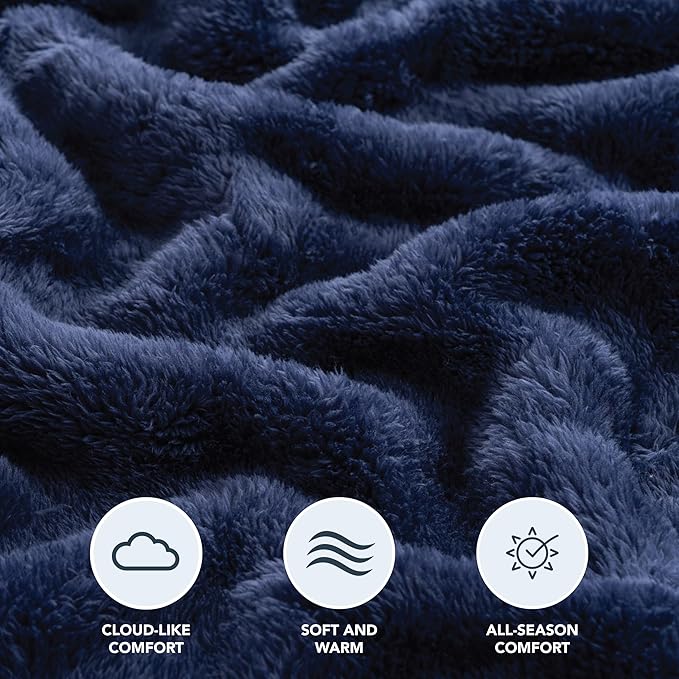 Berkshire Blanket Classic Extra-Fluffy™ Plush Blanket, Twin Size Bed Blanket, Soft Fuzzy Fluffy Long Hair Blanket for Couch Sofa Bed, Atlantis Dark Blue, 60x92 Inches