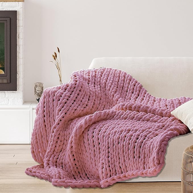 Light Pink Throw Blanket, 40" x 50" Chunky Knit Blanket, Handmade Warm & Soft Chenille Throw Blanket, Washable Decorative Knit Blanket with Jumbo Chenille Yarn for Couch Bed Sofa