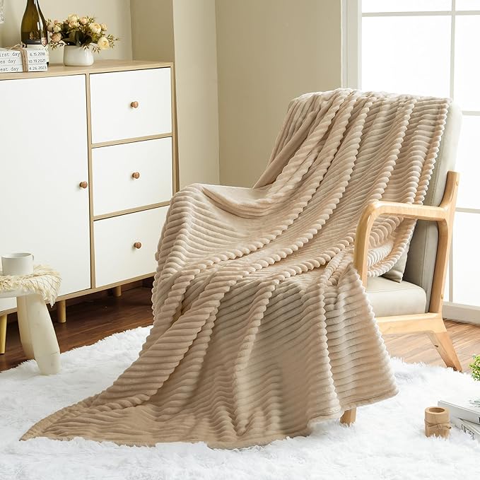 Vessia Flannel Throw Blanket with Pillow Cover for Couch,Sofa,Bed, 300GSM Striped Camel Blanket for Adults, Super Soft Warm Cozy Ribbed Brown Throw for All-Season(50x71inch)