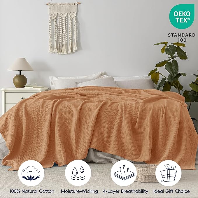 PHF 100% Cotton Muslin Blanket King Size 108" x 90", 4-Layer Lightweight and Breathable Blanket for Summer, Luxuriously Soft Gauze Bedding for Bed, Natural Minimalism Style, Ideal Gift, Caramel