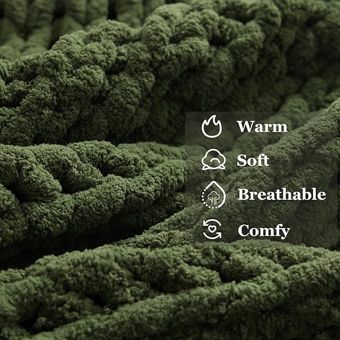 Green Throw Blanket, 30" x 40" Chunky Knit Blanket, Handmade Warm & Soft Chenille Throw Blanket, Washable Decorative Knit Blanket with Jumbo Chenille Yarn for Couch Bed Sofa