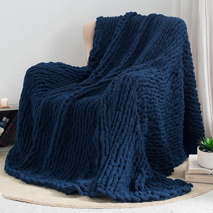 Chunky Knit Throw Blanket 50"X 60", 100% Handmade with Soft Chenille Yarn, 4.4lbs Thick Cable Knitted Blankets, Large Rope Knot Crochet Throws for Couch Sofa Bed Home Decor, Navy Blue
