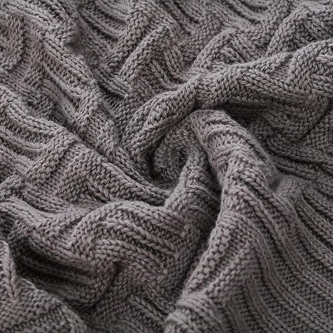 Longhui bedding Cotton Gray Cable Knit Throw Blanket for Couch Chairs Bed Beach, Home Decorative Grey Knitted Blanket, 50 x 60 Inch with a Washing Bag,Silk Bow Tie Package
