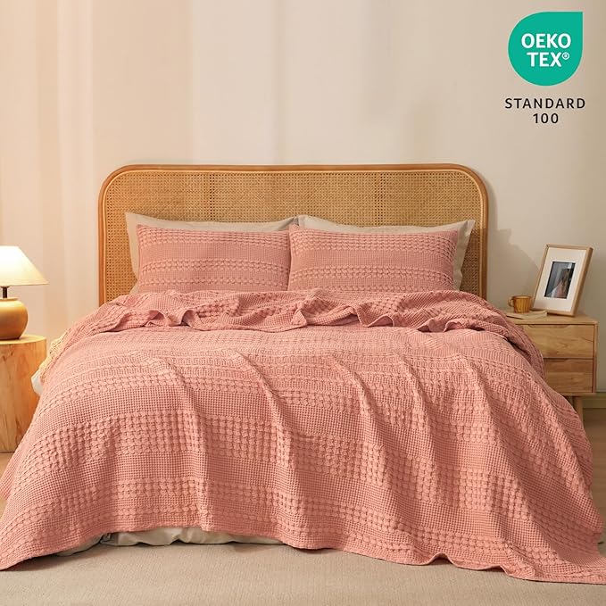 PHF 100% Cotton Waffle Weave Blanket Queen Size, Soft Lightweight Breathable Cozy Summer Blankets for Bed, Luxury Aesthetic Woven Bedding for Home Decor, 90"x90", Canyon Clay