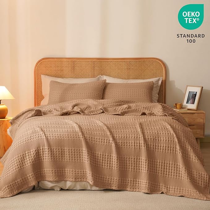 PHF 100% Cotton Waffle Weave Blanket King Size, Soft Lightweight Breathable Cozy Summer Blankets for Bed, Luxury Aesthetic Woven Bedding for Home Decor, 108"x90", Camel