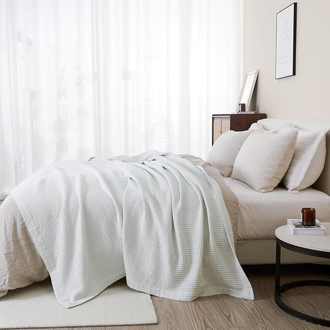 100% Cotton Waffle Weave Lightweight Summer Bed Blanket - Full Queen Size - 90x90in Prewashed Breathable, Layering Blanket (Pale Blue)