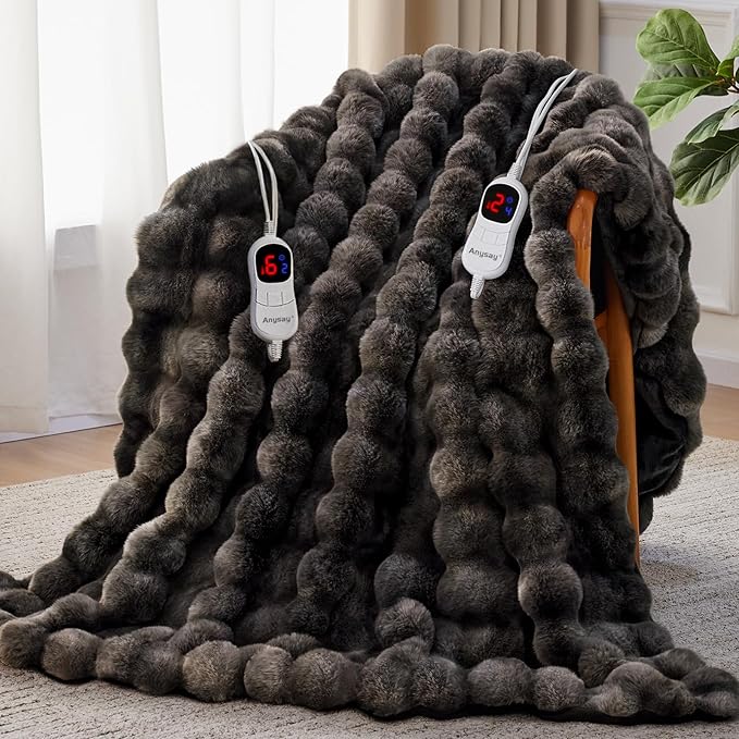 Heated Blanket Throw with 1/2/4/6/8 Hours Auto-Off 10 Heat Level, 90'' * 100'' Cozy Faux Rabbit Fur Bubble Electric Blanket with Overheat Protection(Tie-Dye Dark Grey)
