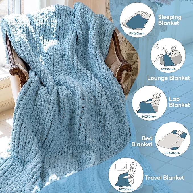 Chunky Knit Blanket - Luxury Soft Cozy Queen Size(40 * 50) Throw Blanket,100% Woven Blanket Rope Knot Throw Blanket for Couch, Sofa, Home Decor, Gift - Machine Washable(Light Blue)