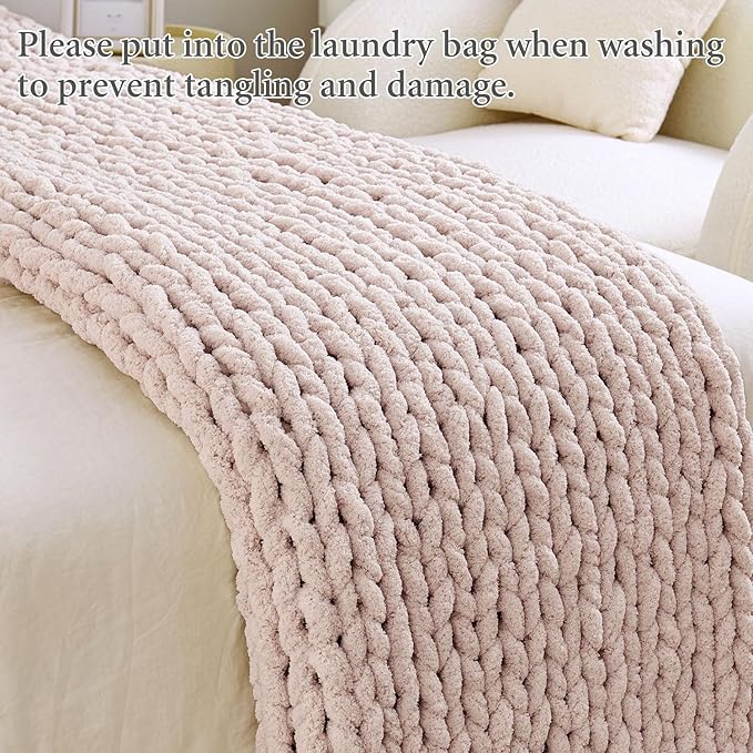 Admitrack Chunky Knit Blanket Throw, 100% Hand Knit Chenille Throw Blanket for Sofa & Home Decor, Soft and Cozy Knitted Throw Blankets (Pink,51"x63")