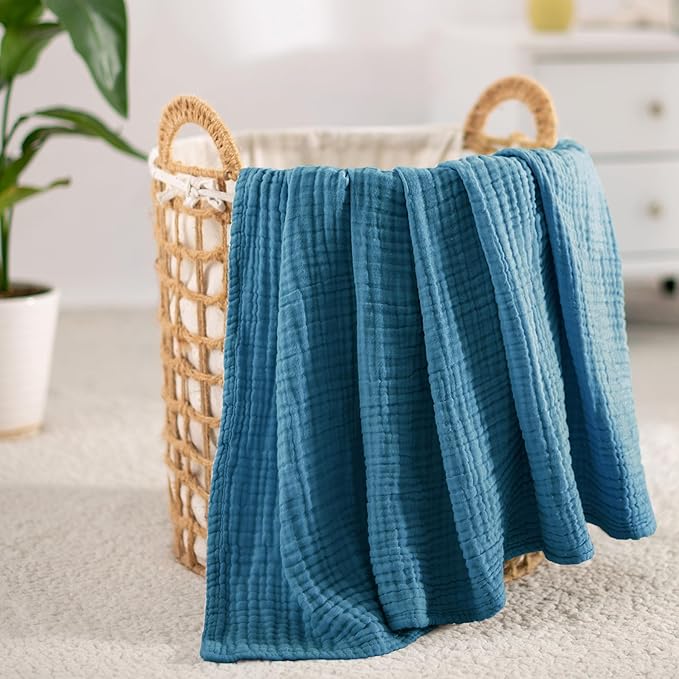 Carriediosa 100% Cotton Muslin Throw Blanket 90" X 90" Queen Size,4-Layers Summer Gauze Throws for Bed Couch,Soft Lightweight Breathable Linen Blankets Bedspread for Adults All Season,Dusty Blue
