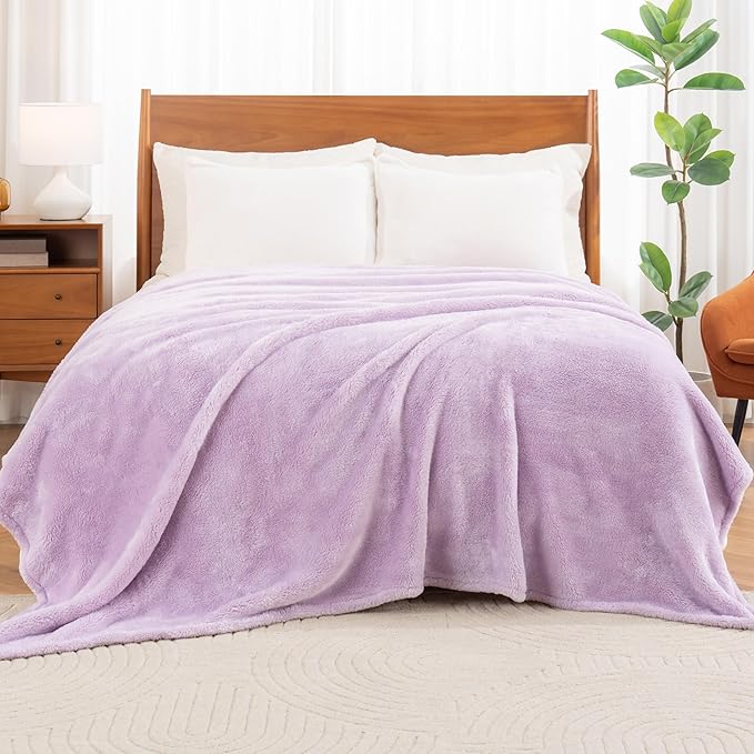 Berkshire Blanket Classic Extra-Fluffy™ Plush Blanket, Queen Size Bed Blanket, Soft Fuzzy Fluffy Long Hair Blanket for Couch Sofa Bed, Pastel Lilac Purple, 90x90 Inches