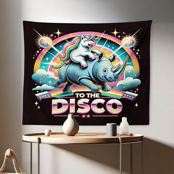 Ambesonne Funny Tapestry, Whimsical Colorful to the Disco Lettering Cheery Unicorn Riding a Wild Animal, Fabric Wall Hanging Decor for Bedroom Living Room Dorm, 28" X 23", Black Multicolor