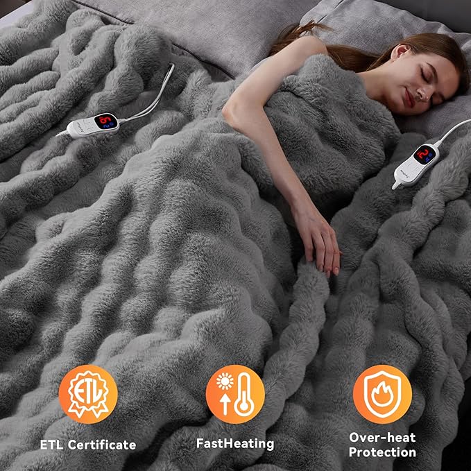 Heated Blanket Throw with 1/2/4/6/8 Hours Auto-Off 10 Heat Level, 90'' * 100'' Cozy Faux Rabbit Fur Bubble Electric Blanket with Overheat Protection(Light Grey)