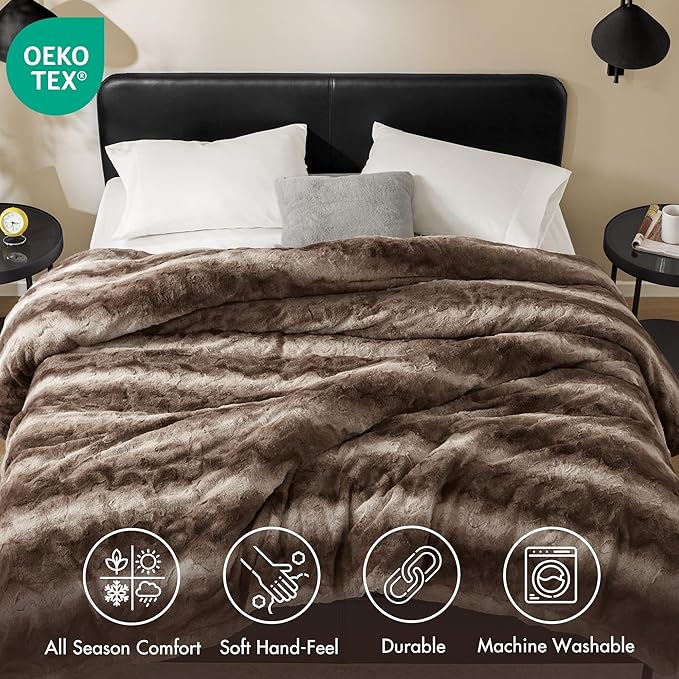 Zuri Ultra-Soft Poly Fur Reversible Plush Blanket - All Season & Lightweight Fuzzy Blanket for Bed, Couch & Sofa - Twin/Twin XL Brown