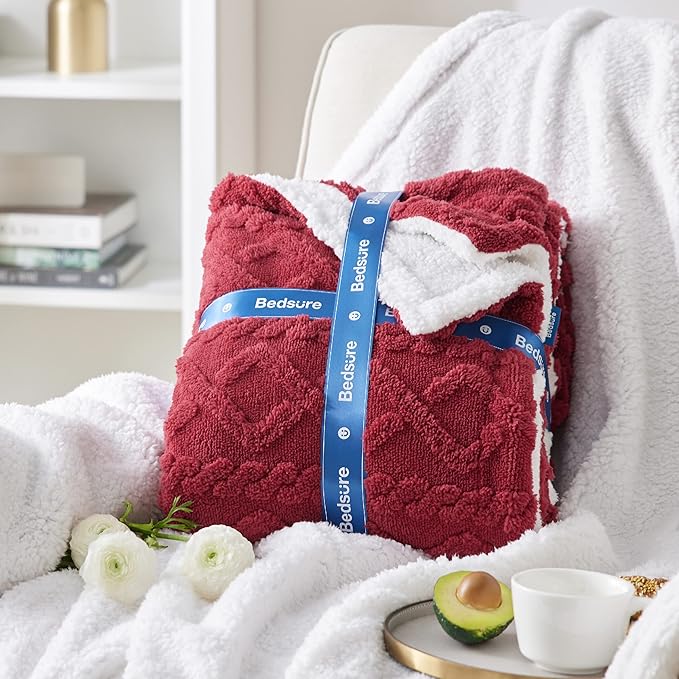 Bedsure Sherpa Fleece Blanket Twin Size for Bed - Fuzzy Soft Cozy Cable Throw for Couch, Thick Warm Blankets for Winter, Red, 60x80 Inches