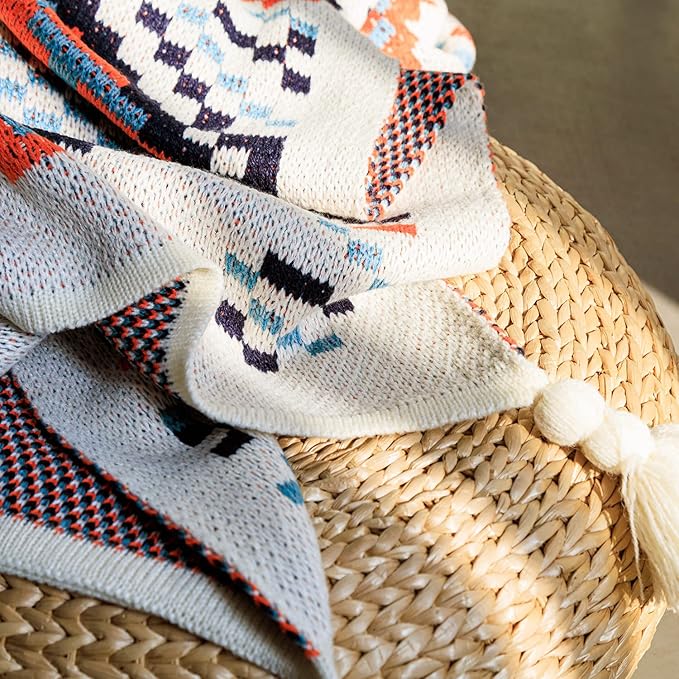 Blue Throw Blanket, Knitted Boho Throw Blankets with Tassels, Soft Colorful Throw Blanket for Sofa Couch Bed and Living Room, Blue&Orange (50x60 Inch)