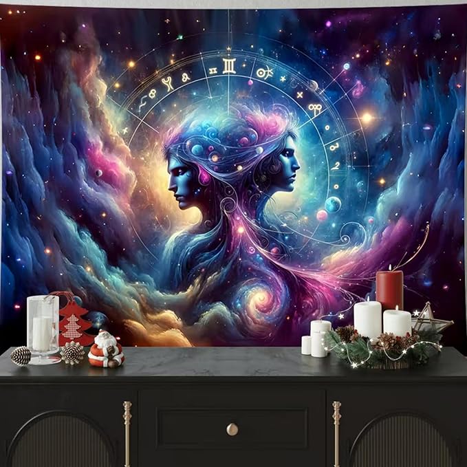 Gemini Tapestry Wall Hanging Zodiac Sign Decoration Aesthetic for Bedroom Living Room Dormitory Suitable for Teen Boy and Girl Who Like Astrology 79x59 Inches