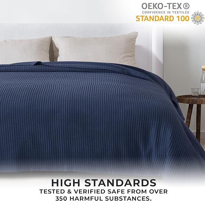 100% Cotton Queen Size Blue Waffle Weave Summer Blanket - 90x90in Prewashed Breathable, Woven, Layering Blanket