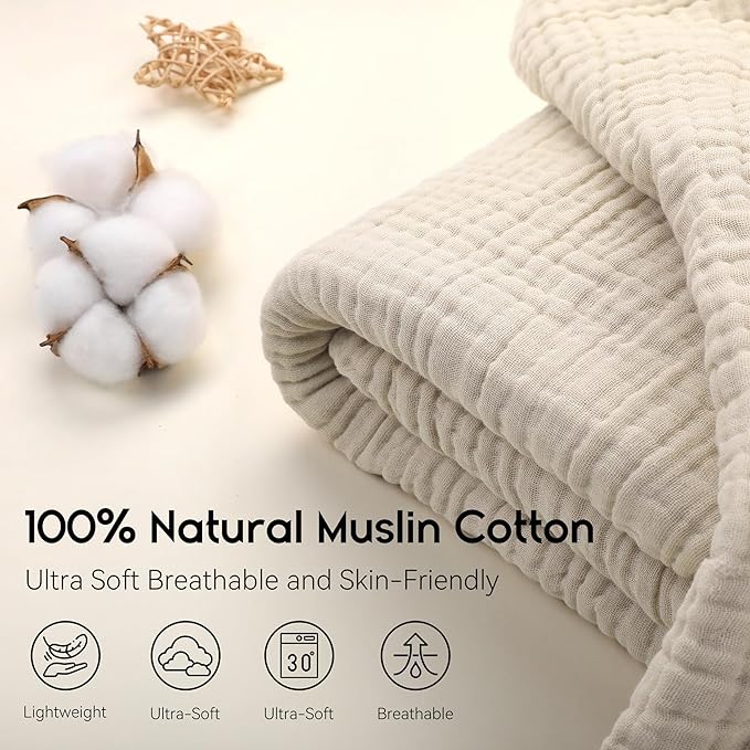 Yoofoss Muslin Blanket 100% Cotton Throw Large 50" x 60" for Bed Couch Summer Gauze Blanket for Adults Lightweight and Breathable Apricot White