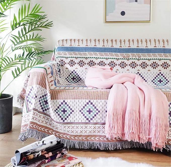 Luxlovery Bohemian Sofa Throw Blankets Ethnic Woven Boho Hippie Tribal Throw Blanket for Couch Aztec Bed Throws Oversized Navy Beige and Blue Fringe Farmhouse Chair Sofa Cover with Tassels(63"x86")