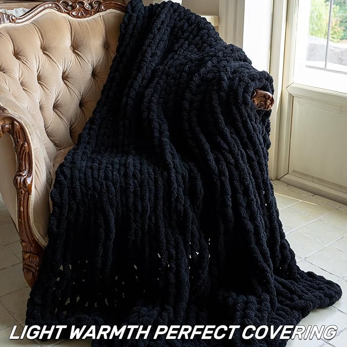 Chunky Knit Blanket - Luxury Soft Cozy Queen Size(50 * 60) Throw Blanket,100% Woven Blanket Rope Knot Throw Blanket for Couch, Sofa, Home Decor, Gift - Machine Washable(Black)