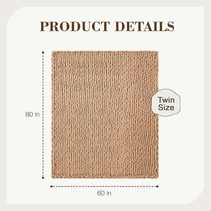 Carriediosa Chunky Knit Throw Blanket 60" X 80" Twin, 100% Hand Made Large Chenille Loop Yarn Soft Fluffy Throws for Couch Sofa Bed, Big Crochet Cozy Heavy Thick Cable Woven Blankets, Tan Brown