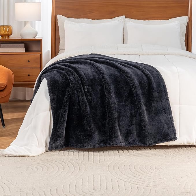 Berkshire Blanket Classic Extra-Fluffy™ Plush Throw Blanket, Soft Fuzzy Fluffy Long Hair Throw Blanket for Couch Sofa Bed, Black, 50x60 Inches