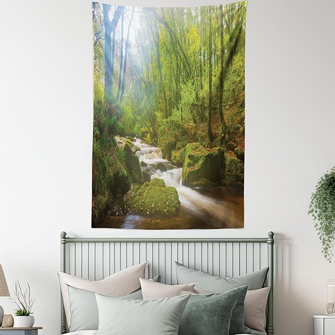 Ambesonne Woodland Tapestry Queen Size, Forest Scene at Golitha Falls Nature Reserve on the River Fowey Cornwall England, Wall Hanging Bedspread Bed Cover Wall Decor, 88" X 88", Green Brown
