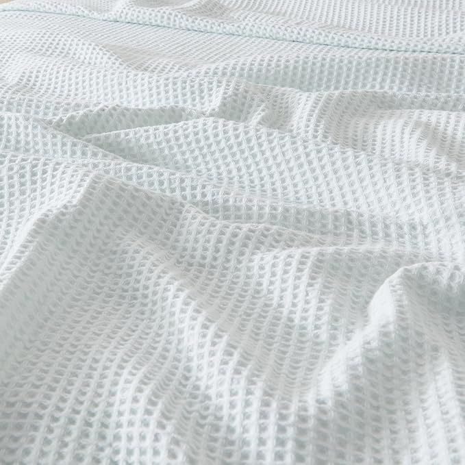 100% Cotton Waffle Weave Lightweight Summer Bed Blanket - Full Queen Size - 90x90in Prewashed Breathable, Layering Blanket (Pale Blue)