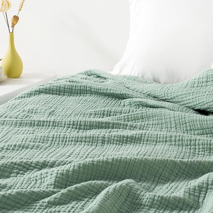 Carriediosa 100% Cotton Muslin Throw Blanket 108" X 90" King Size,4-Layers Summer Gauze Throws for Bed Couch,Soft Lightweight Breathable Linen Blankets Bedspread for Adults All Season,Sage Green