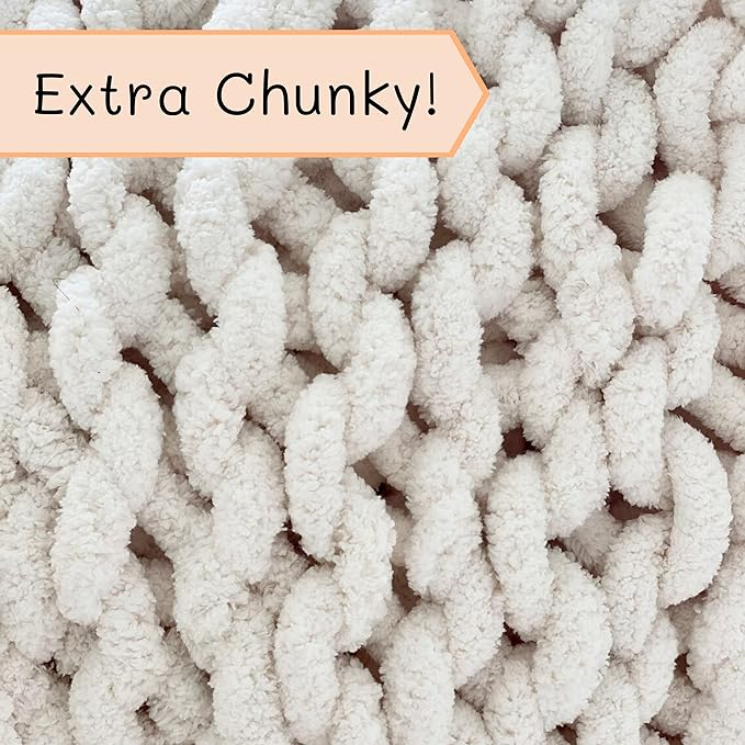 Adyrescia Chunky Knit Blanket Throw | 100% Hand Knit with Jumbo Chenille Yarn (30"x40", Cream White)