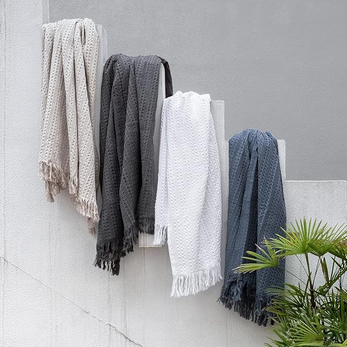 100% Cotton Waffle Blanket with Fringe, Pre-Washed Waffle Weave Blanket for All Season, Lightweight Breathable Soft Cozy Throw Blanket for Couch, Bed, Travel (Blue - 66x90 Inches)