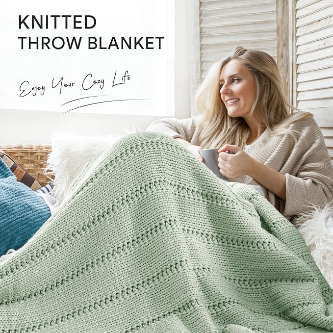 RECYCO Cable Knit Sage Green Throw Blanket Twin Size for Couch, Super Soft Warm Cozy Decorative Knitted Throw Blanket 3.6LB for Bed, Sofa, Chair Large 60"x80"