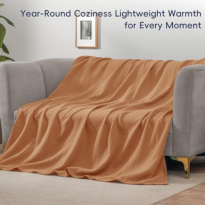 PHF 100% Cotton Muslin Blanket King Size 108" x 90", 4-Layer Lightweight and Breathable Blanket for Summer, Luxuriously Soft Gauze Bedding for Bed, Natural Minimalism Style, Ideal Gift, Caramel