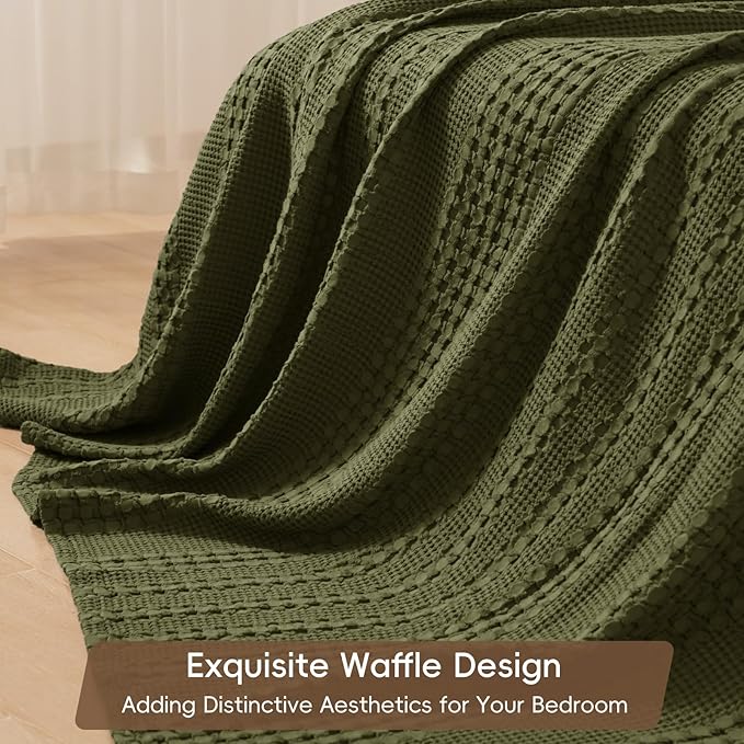 PHF 100% Cotton Waffle Weave Blanket King Size, Soft Lightweight Breathable Cozy Summer Blankets for Bed, Luxury Aesthetic Woven Bedding for Home Decor, 108"x90", Capulet Olive