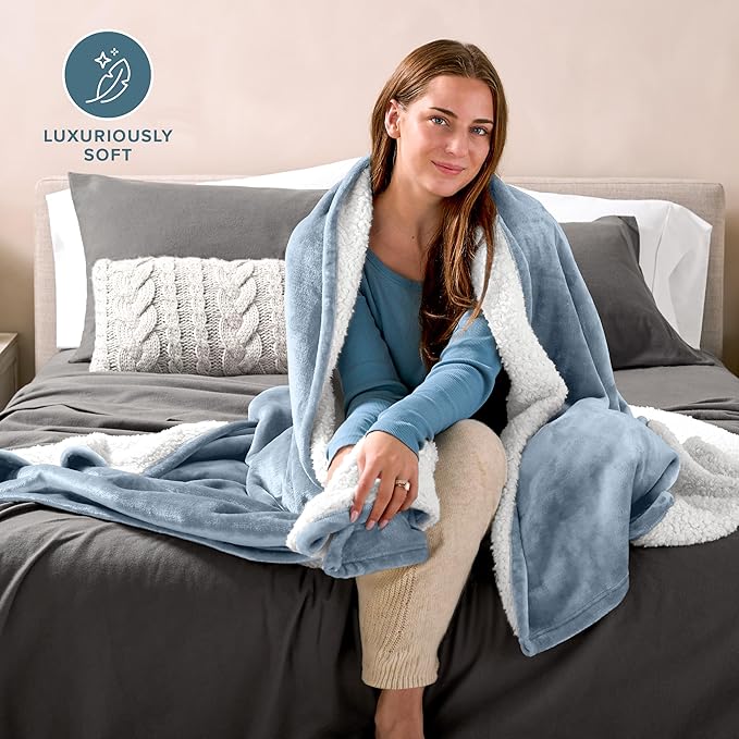 Bare Home Sherpa Fleece Blanket - Full/Queen Size - Blanket for Bed, Sofa, and Couch - Warm & Lightweight - Fluffy & Soft - Reversible (Full/Queen, Dusty Blue)