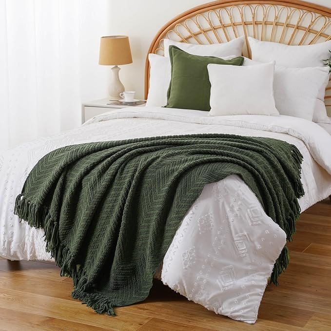 BATTILO HOME Olive Green Throw Blanket for Couch, Knit Throw Blanket,Super Soft Warm Home Decor Throw Tassels Bed,Sofa and Living Room,50" x 60"
