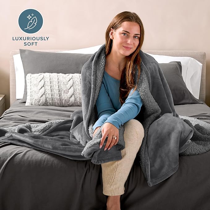 Bare Home Sherpa Fleece Blanket - King Size - Blanket for Bed, Sofa, and Couch - Warm & Lightweight - Fluffy & Soft - Reversible (King, Grey with Grey Sherpa)