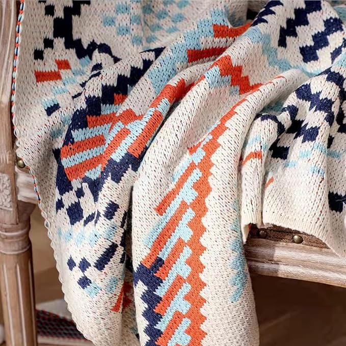 Blue Throw Blanket, Knitted Boho Throw Blankets with Tassels, Soft Colorful Throw Blanket for Sofa Couch Bed and Living Room, Blue&Orange (50x60 Inch)
